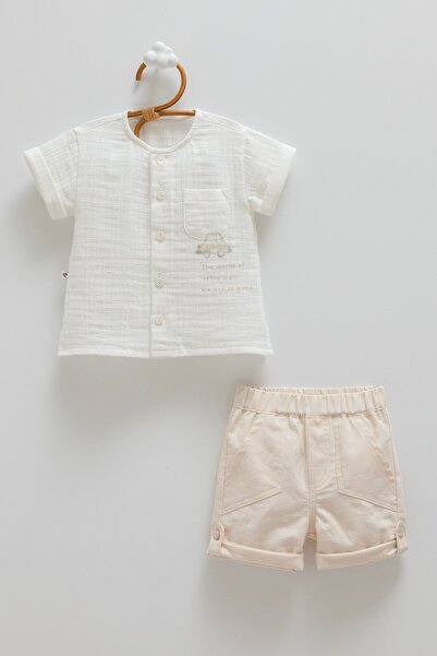 Caramell Baby Boy Shirt and Muslin Linen Shorts Set of 2 6-24 Months Beige