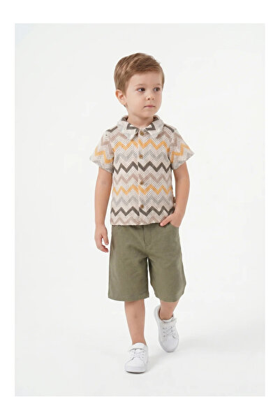 Mini Baray Zigzag Patterned Shirt and Linen Shorts Set (2 Years - 3 Years - 4...