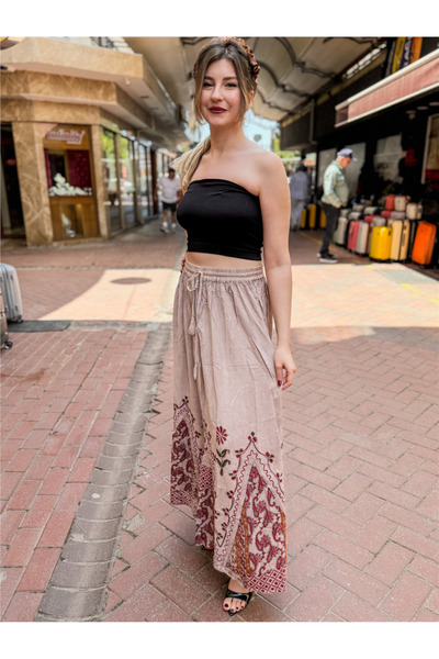 Miss Boheme Beige Color Floral Embroidered Long Skirt