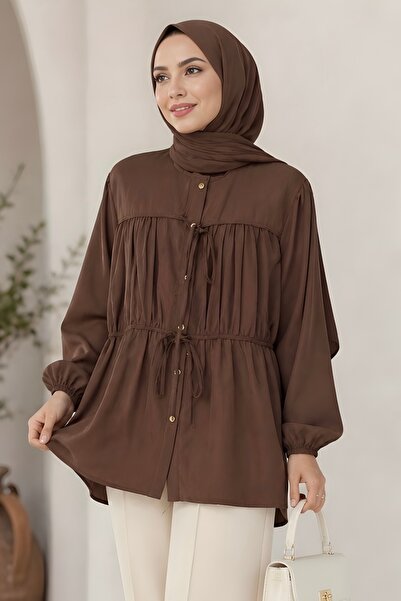 İmajButik قميص برباط أمامي بني اللون