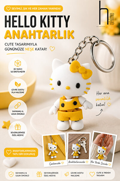 HAKİME DİJİTAL 3D Tasarım Hareketli Hello Kitty Figürlü Anahtarlık - Sarı Elb...
