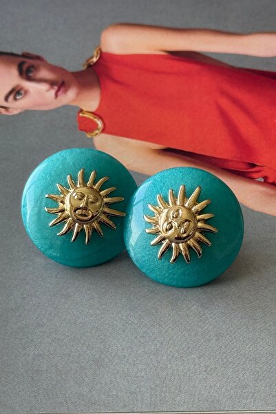 Trendy Butik Blue Stone Sun Figured Earrings