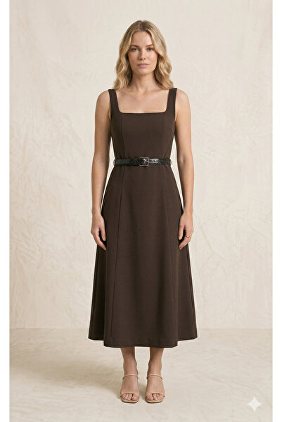 olive -1021 KARE YAKA KEMER ELBİSE KAHVE