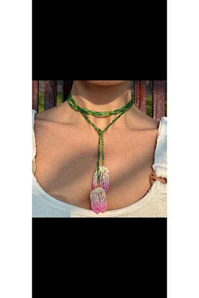 SHİNELİZE Pembe Lale detaylı el yapımı özel tasarım kolye