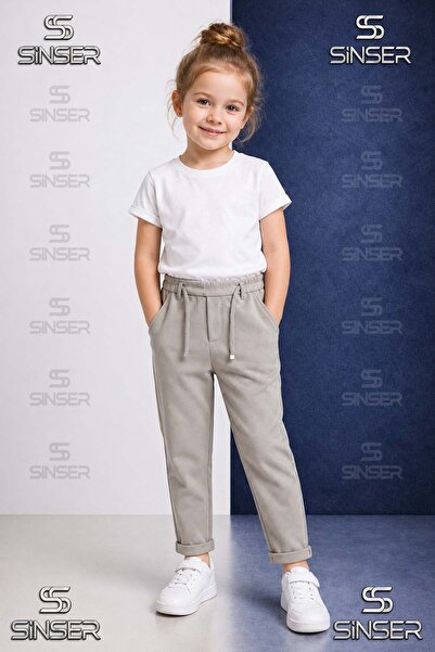 SS SİNSER Pantaloni uni pentru fete, cu talie elastică, stil Lycra cu tiv pli...