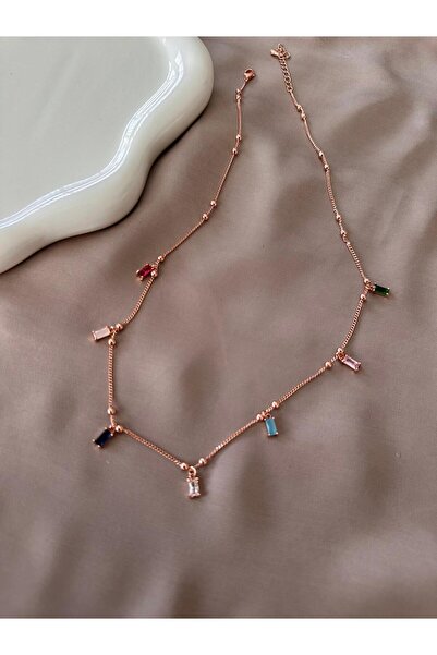 Twelve Baguette Colored Stone Copper Colored Steel Necklace