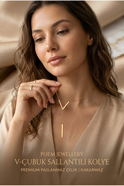 POEM JEWELLERY Paslanmaz Çelik 18 Ayar Altın ve Rodyum Kaplama V Tasarım Sall...