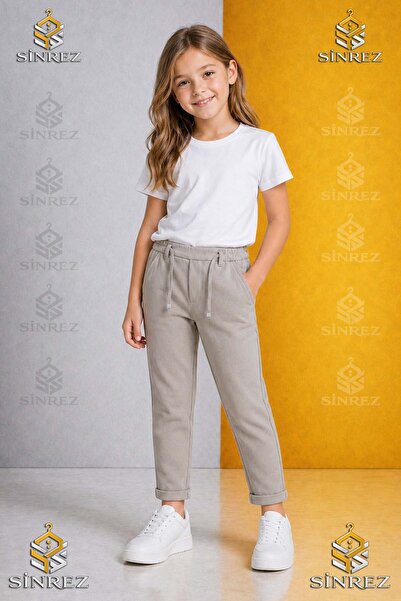 SİNREZ Pantaloni uni pentru fete 2.MDL cu talie elastică din Lycra, stil cu p...