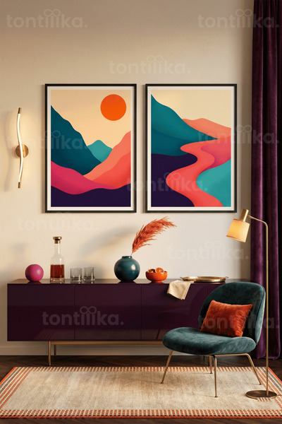 Tontilika Ζωντανό Μοντέρνο Αφηρημένο Σετ Ζωγραφικής Τοπίων 2 τεμαχίων με Ξύλι...