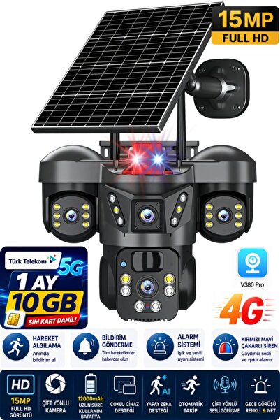 SONREİR RX66G 3 Kameralı 4G Sim Kartlı Solar Güvenlik Kamerası Dış Mekan Gece...