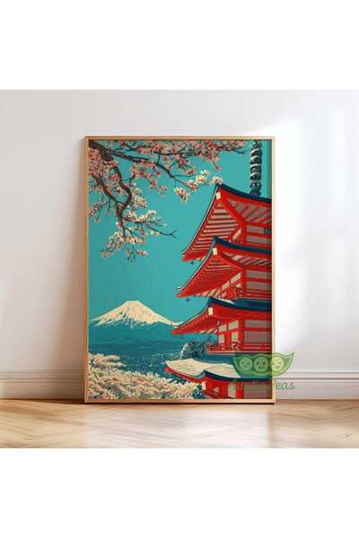 NinaStore Fuji Dağı Japonya Duvar Sanatı Baskısı - Kiraz Çiçeği Tapınağı Post...