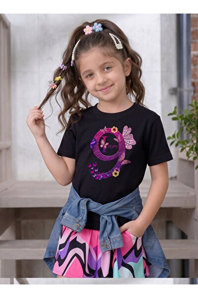 Funkaar Birthday Girl, 9th Year Butterfly Birthday Graohic Print T-Shirt