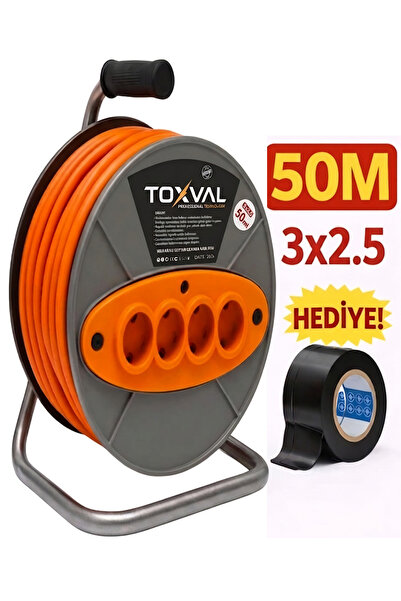 TOXVAL 3 X 2,5 50 m Sertifikalı Makaralı Seyyar Uzatma Kablosu 4 Prizli ( Dör...