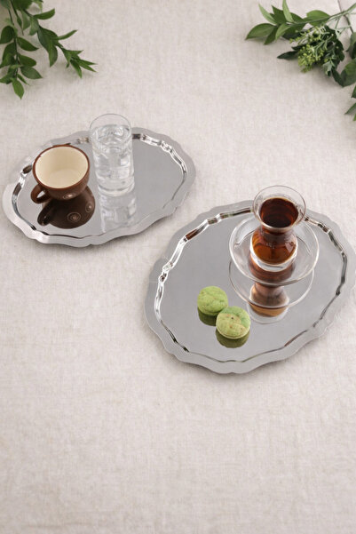 ONESTART LÜX OVAL 2Lİ PASLANMAZ ÇELİK SÖZ NİŞAN SUNUM ÇAY VE DEKORATİF TEPSİ