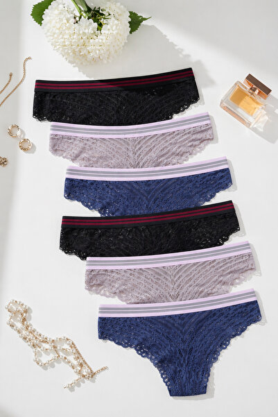 koza iç giyim Women's 6-Piece Striped Elastic Lace Panties