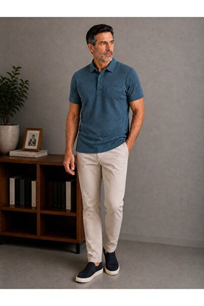 Kuraff Giyim Dad Polo Collar T-Shirt with Pocket Detail, Self-Patterned Summe...