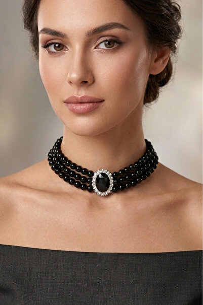 Happyline Oval Taşlı Siyah İncili Choker Kolye, Siyah Cam İncili Kolye , İnci...