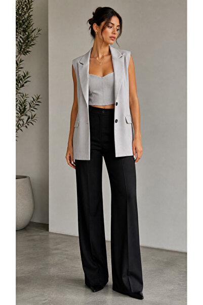 Butik Çizgili vatkalı blazer kolsuz yelek ve askılı büstiyer