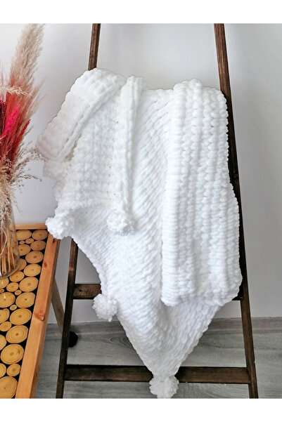 BZMağaza Düz Örgü Puffy Bebek Battaniyesi 90*90 Beyaz