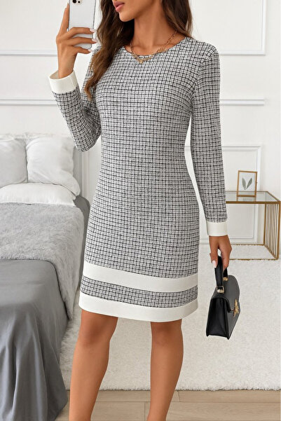 Efnaz style Women's Long Sleeve Round Neck Hem Striped Detail Mini Woven Dress