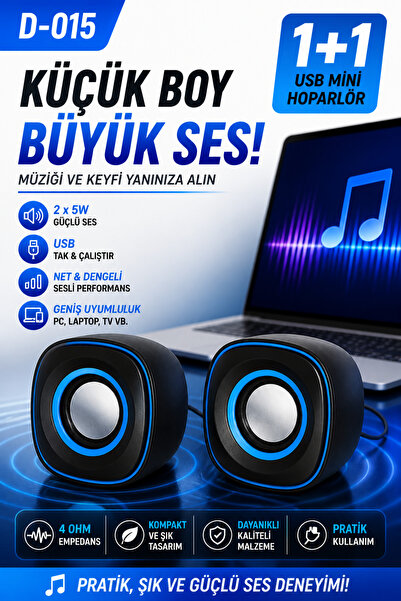 kruxon D-015 1+1 USB Mini Hoparlör 2x5W Güçlü Ses 4 Ohm PC Laptop Telefon Uyumlu