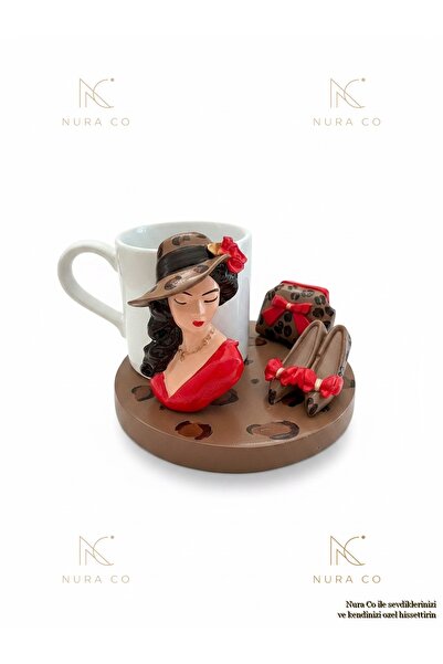 NURA CO Decorative Cup Set - Coffee Cup with a Figurine of a Woman in a Hat a...