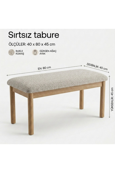 PayeFurni Nuu Minimal Sırtsız Bench Ahşap ayak, Sırtsız, Bukle Kumaş
