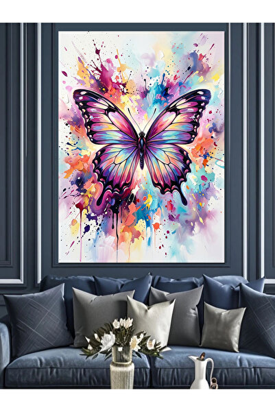 Artmeg Pânză decorativă cu fluturi colorați și stropi de acuarelă - Tablou di...