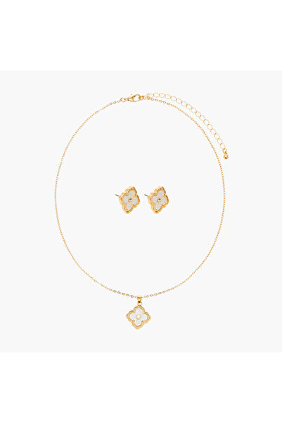Lifestyle Set of 2 - Stone Embellished Floral Pendant Necklace and Earrings
