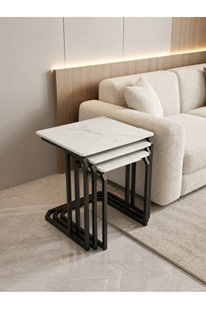 ZİYEMİ Enco Collection Premium 3’lü Zigon Sehpa Takımı Lamar Porselen Tablalı...