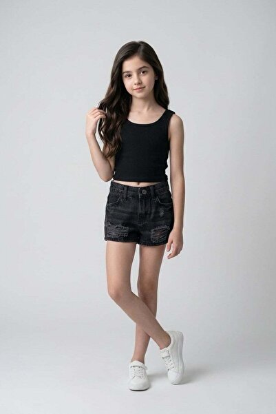 Cuties Kız Çocuk 3-14 Yaş Yırtık Detaylı Denim Şort Füme