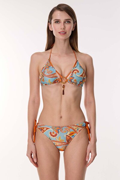 AYYILDIZ 6636 Mavi Şal Desenli Üçgen Bikini Takımı