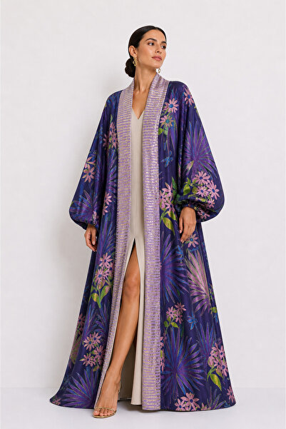 Marever Fashion Premium Brokar Kaftan Mor Lacivert – Oversize, Ön Pat Detaylı...