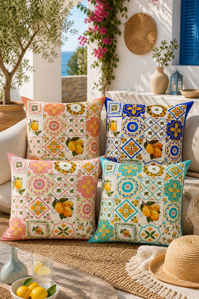 stellahomes Akdeniz Desenli Kırlent Kılıfı Limon Motifli Mavi Beyaz Dekoratif...