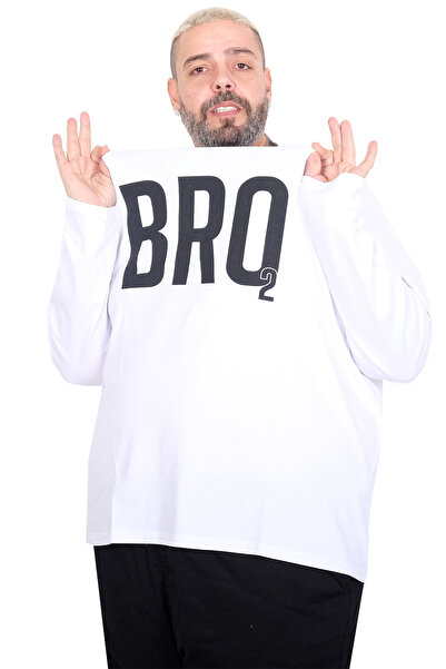 ModeXL Large Size Men's Printed Crew Neck Long Sleeve T-Shirt Bro2 26105 White