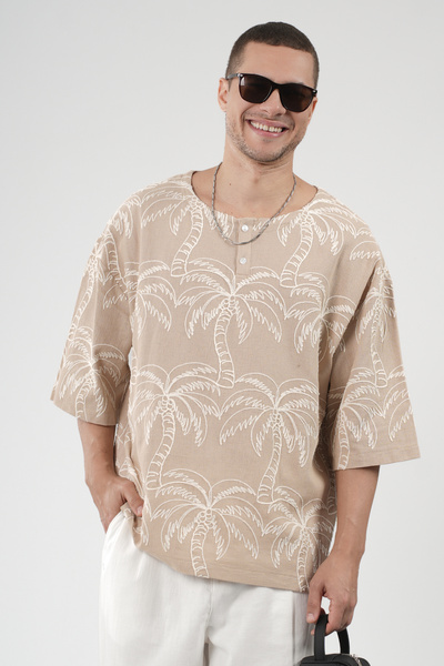 Butik Trend Biz Oversize Palm Pattern Embroidered T-Shirt