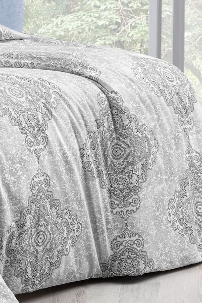 Ethnic Gray 100% Cotton Double Fitted Duvet Cover Set 200x220 cm