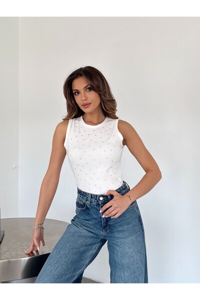 myd Halter Yaka Taşlı Bluz - Beyaz