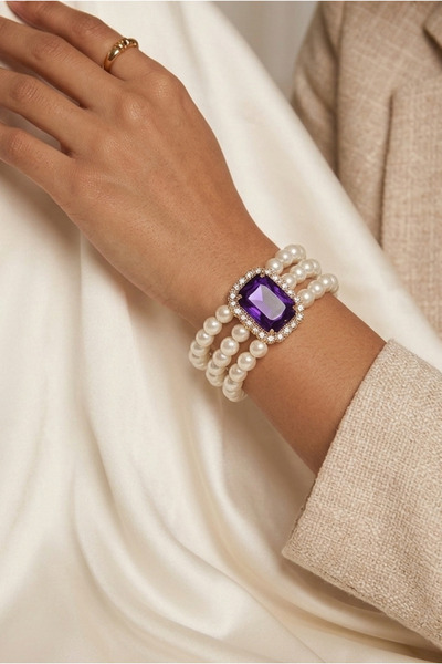 Happyline Glass Pearl Baguette Purple Stone Bracelet Gold Plated Pearl Choker...
