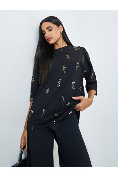 Styli Black Embroidered 100% Cotton Oversized T-Shirt