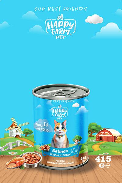 happy farm Yaş Kedi Maması Somonlu 415 Gr 24 Adet