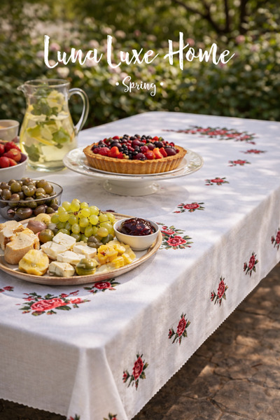 Luna Luxe Home Delicate | Dijital Baskı Çiçek Nakış Desenli Vintage Masa Örtü...