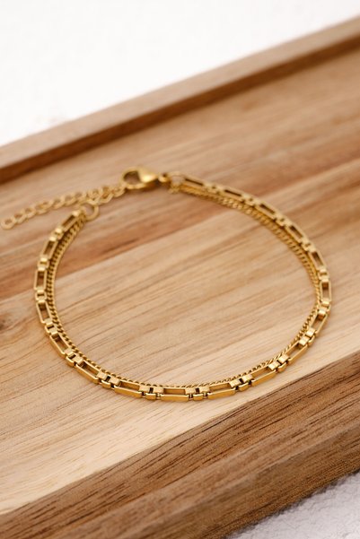 ByFlorya Jewelry Steel Belen Bracelet Combination Chain Florya Gourmet&Rectangular Square Bracelet 17+4Cm&21Cm
