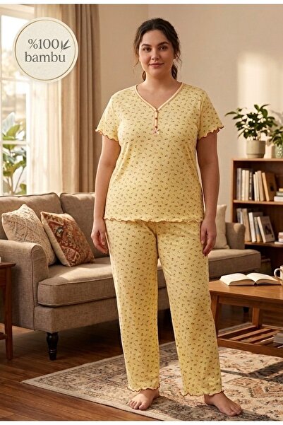 Uzunlar Tekstil %100 Bambu Kumaş Anne Beden Kısa Kol Yazlık Pijama Takımı Mem...