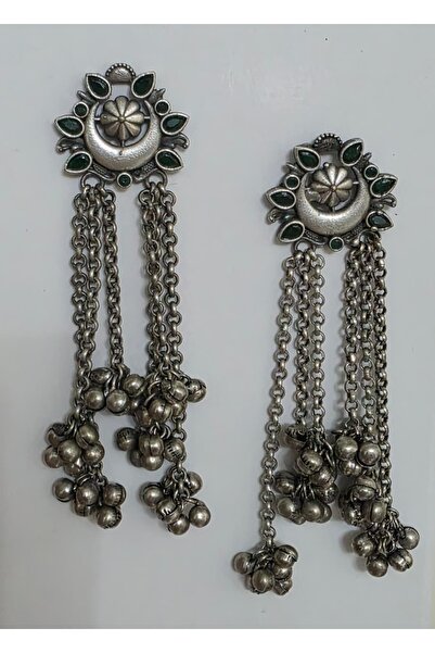 NirVee Kashmiri Oxidised Floral Tassel Long Dangler Earrings with Ghungroo Bl...