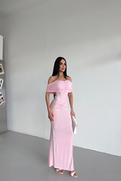 LİLA İSTANBUL Heart Collar Sandy Fabric Draped Dress