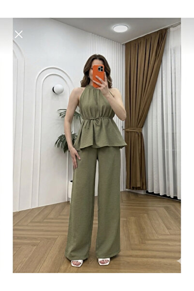 VELORA Belden bağlama detaylı keten dokulu alt üst takım