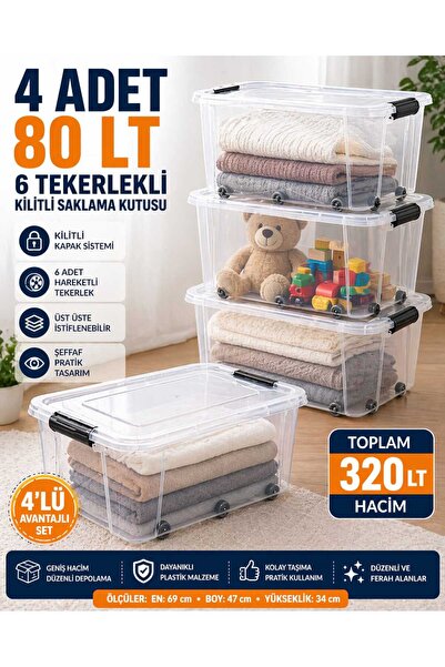 biedda 4 Adet 80 LT 6 Tekerlekli Kilitli Saklama Kutusu Şeffaf Mega Boy Plast...
