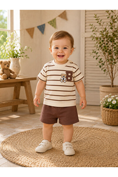 BYMURAT BABY Baby Boy Cotton Striped Teddy Bear Printed Shorts Set of 2
