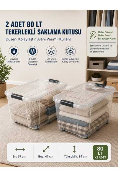biedda 2 Adet 80 LT 6 Tekerlekli Kilitli Saklama Kutusu Şeffaf Mega Boy Plast...
